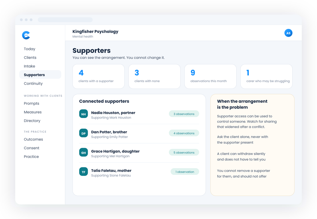 The supporters view, showing what a partner or carer can and cannot see